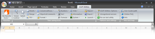 ASAP Utilities in the ribbon of Excel 2007, with black theme