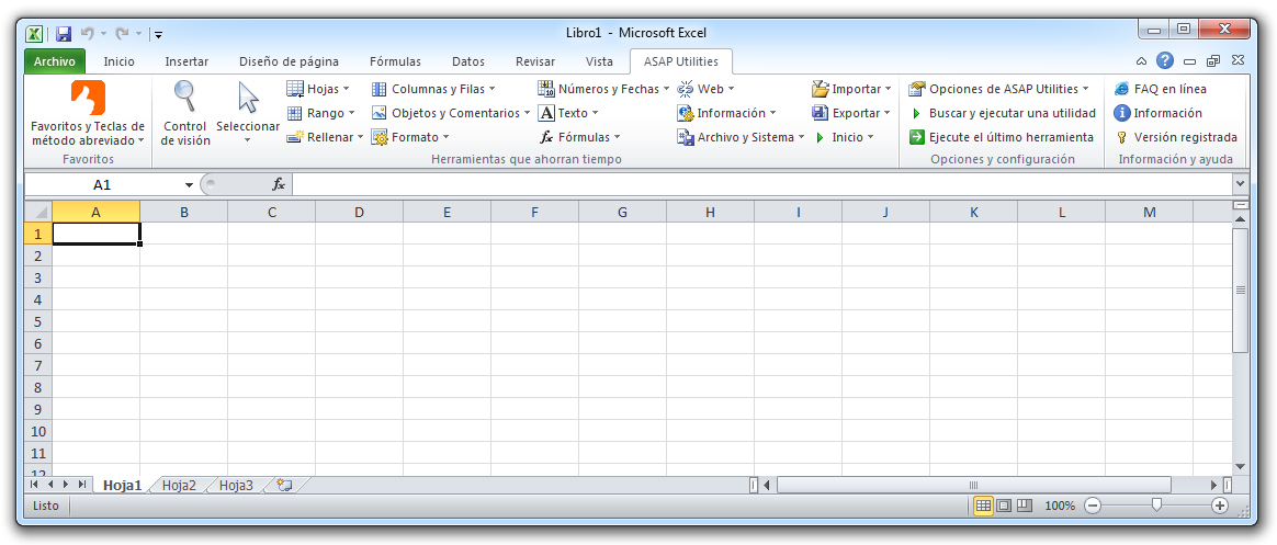 Excel 2010 with ASAP Utilities in the menu