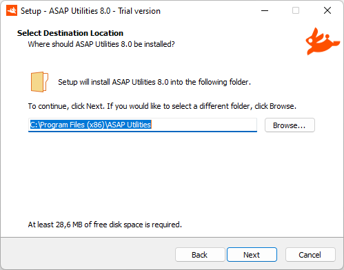 Select a folder to install ASAP Utilities