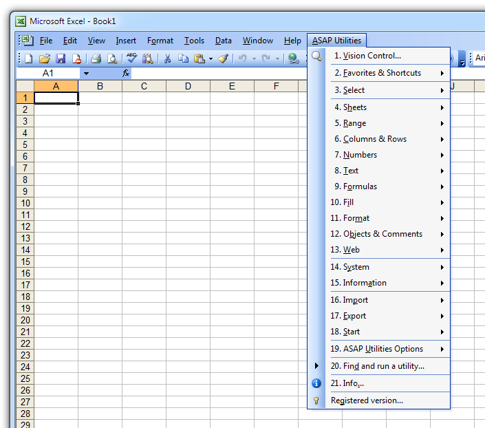 The Excel menu with ASAP Utilities