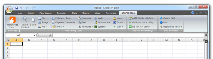 Excel 2007 with ASAP Utilities in the menu (ribbon)