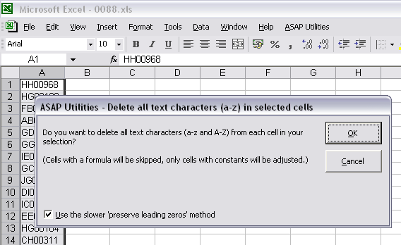 Delete all text characters (a-z) in selected cells and preserve leading zeros