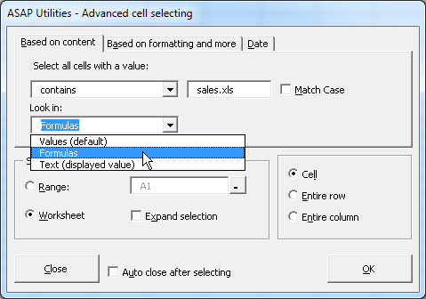 Search within formulas and select these cells