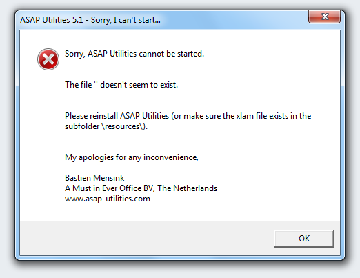 Sorry, ASAP Utilities cannot be started. The file '' doesn't seem to exist.
