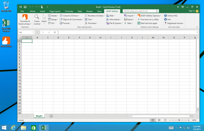 Excel 2016 - ASAP Utilities 5.5.1 - Windows 8.1