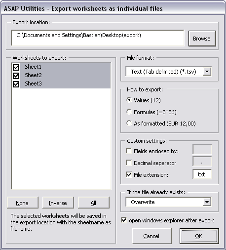 Export » Export worksheets as separate files...