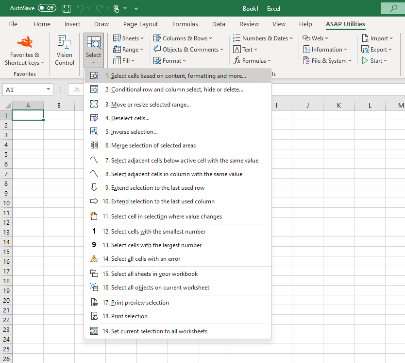 Select  ›  1 Select cells based on content, formatting and more...