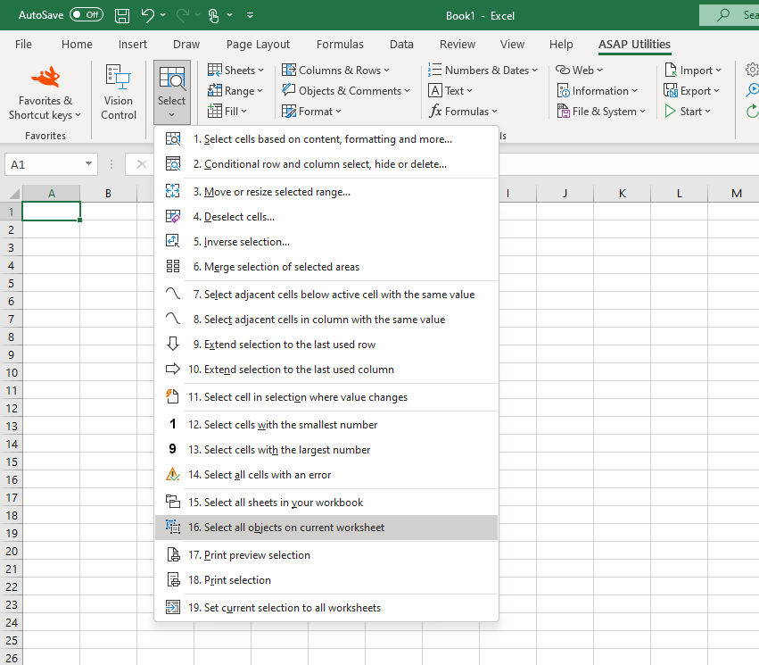 Select  ›  16 Select all objects on current worksheet