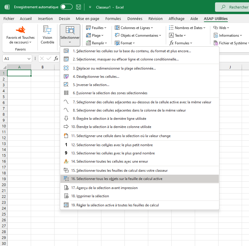 Sélectionner  ›  16 Sélectionner tous les objets sur la feuille de calcul active