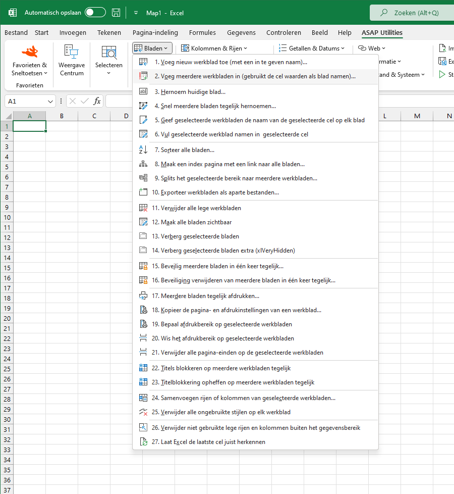 Bladen  ›  2 Voeg meerdere werkbladen in (gebruikt de cel waarden als blad namen)...