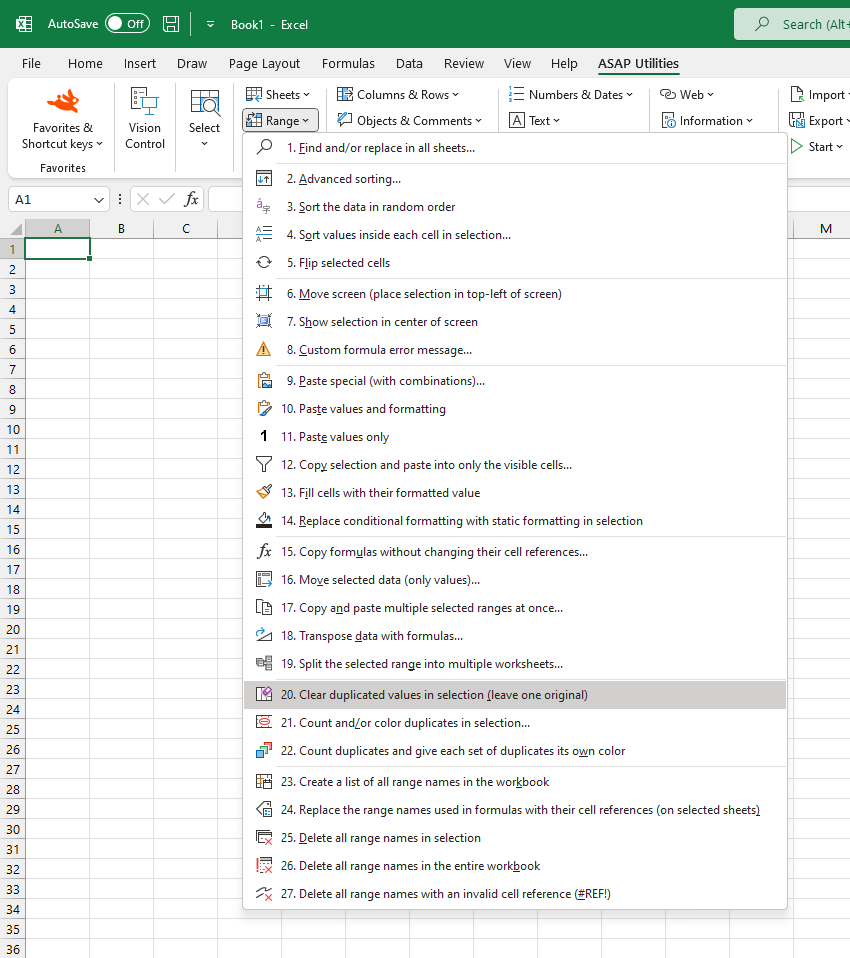 Range  ›  20 Clear duplicated values in selection (leave one original)