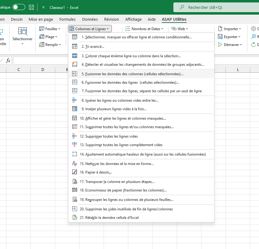 Colonnes et Lignes  ›  5 Fusionner les données des colonnes (cellules sélectionnées)...