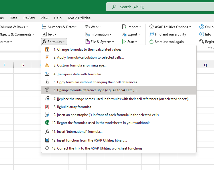 Formulas  ›  6 Change formula reference style (e.g. A1 to $A1 etc.)...