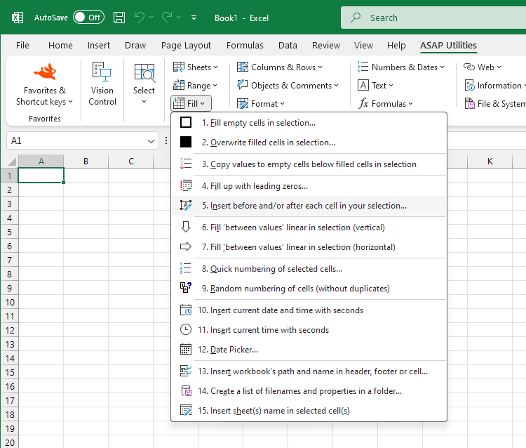 Fill  ›  5 Insert before and/or after each cell in your selection...