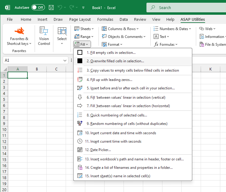 Fill  ›  2 Overwrite filled cells in selection...