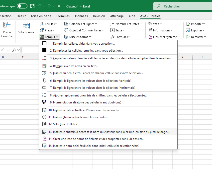 Remplir  ›  13 Insérer le chemin d'accès et le nom du classeur dans la cellule, en-tête ou pied de page...