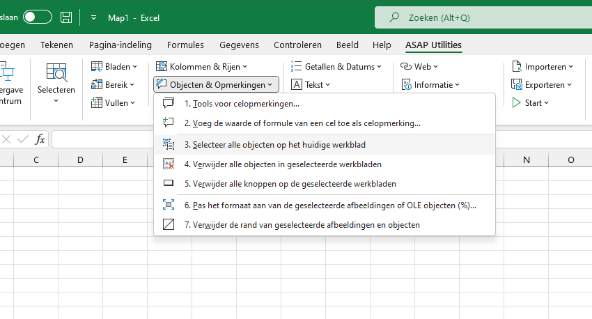 Objecten & Opmerkingen  ›  3 Selecteer alle objecten op het huidige werkblad