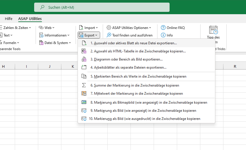 Export  ›  1 Auswahl oder aktives Blatt als neue Datei exportieren...