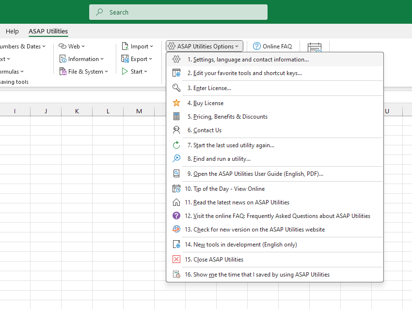 ASAP Utilities Options  ›  1 Settings, language and contact information...