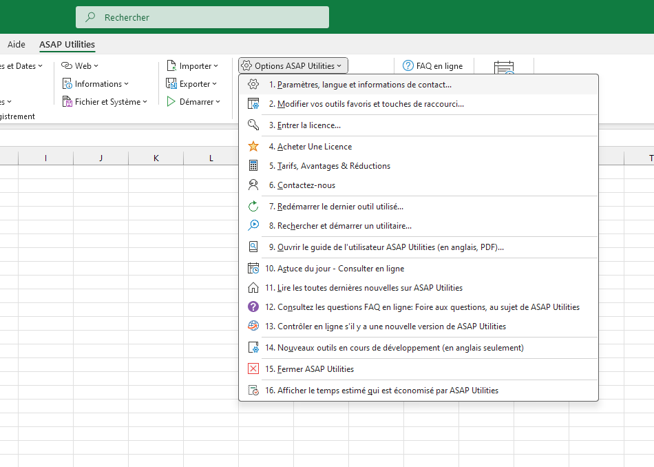 Options ASAP Utilities  ›  1 Paramètres, langue et informations de contact...
