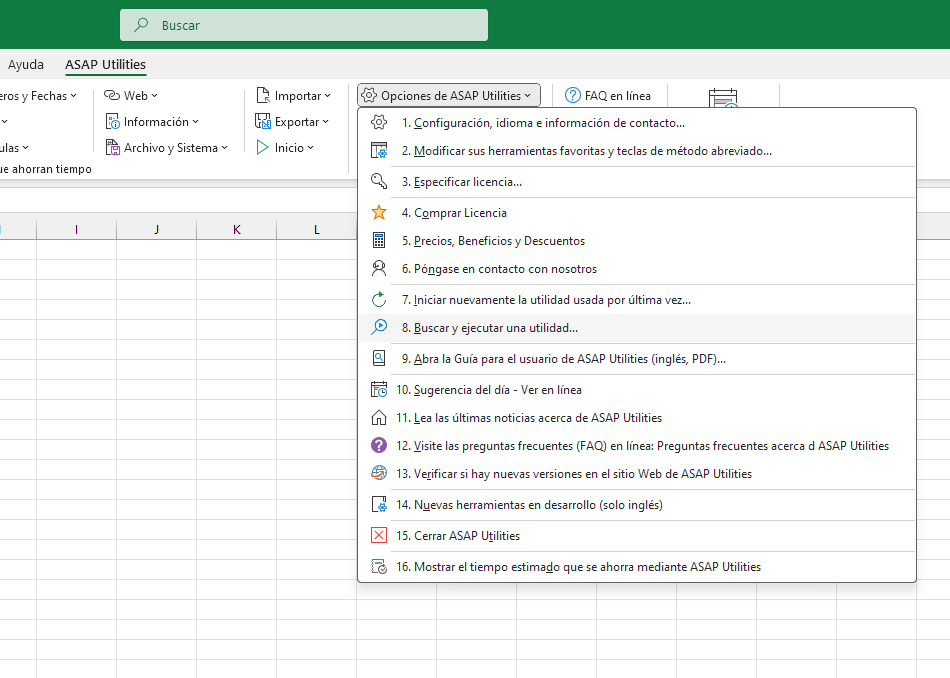 Opciones de ASAP Utilities  ›  8 Buscar y ejecutar una utilidad...