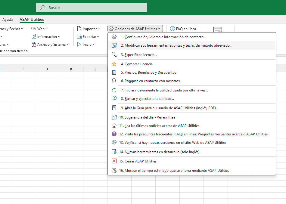 Opciones de ASAP Utilities  ›  2 Modificar sus herramientas favoritas y teclas de método abreviado...