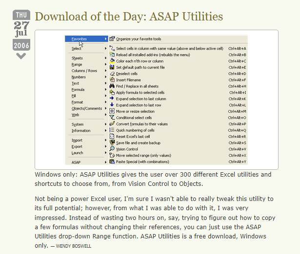 ASAP Utilities featured as download of the day on Lifehacker.com